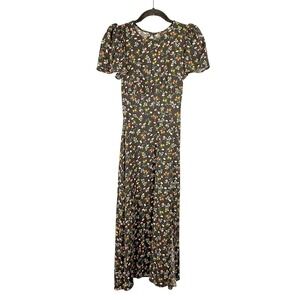 AFRM Midi Dress Women XS Black Floral Puff Sleeve Smocked Open Back Cutout